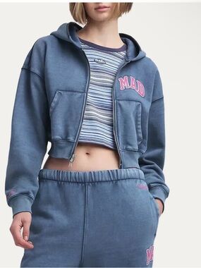 Madhappy Blue Cropped Zip Hoodie with Pink Logo